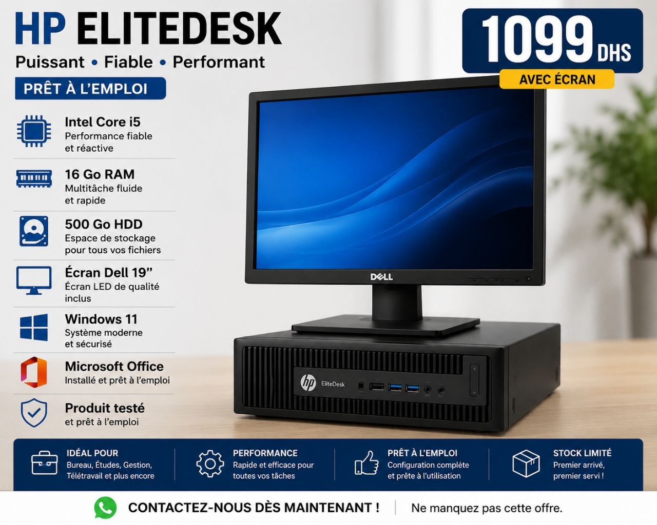 HP EliteDesk Core i5 16 Go RAM + Ecran Dell 19 — Pack Pro 1099 DH